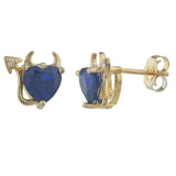 1.5ct Stud Earrings Heart Cut Blue Sapphire Devil Design 14k Yellow Gold Finish