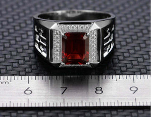 4ct Emerald Cut Garnet Filigree Signet Men Engagement Ring 14k White Gold Finish