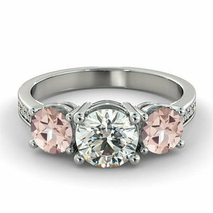 2ct Round Cut Diamond Morganite Three Stone Engagement Ring 14k White Gold Over