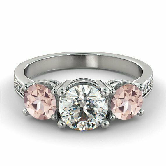 2ct Round Cut Diamond Morganite Three Stone Engagement Ring 14k White Gold Over