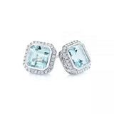 1ct Asscher Cut Simulated Aquamarine Halo Stud Earrings 14k White Gold Plated