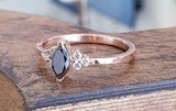 1.2ct Marquise Black Diamond Solitaire with Round Accent Ring 14k Rose Gold Over