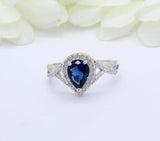 2ct Pear Cut Blue Sapphire Engagement Ring Split Shank Halo 14k WhiteGold Finish