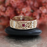 1ct Princess Cut Pink Ruby Filigree Wedding Band Ring 14k Yellow Gold Finish