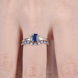 1.6ct Emerald Cut Blue Sapphire Bridal Set Engagement Ring 14k White Gold Finish