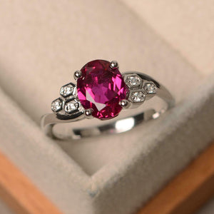 2.5ct Oval Cut Pink Ruby Solitaire Honeycomb Accent Ring 14k White Gold Finish