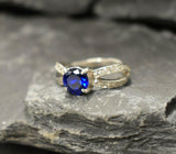 1.5ct Engagement Ring Round Cut Blue Sapphire Split Shank 14k White Gold Finish