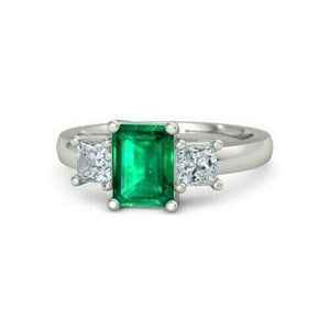 4Ct Green Emerald Diamond Three Stone Ring 14K White Gold Finish Princess Accent