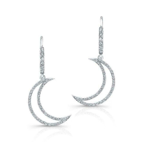 1.5ct Round Cut VVS1D Diamond Moon Crescent Drop Earrings 14k White Gold Finish