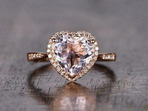 1.2ct Heart Cut Peach Morganite Engagement Ring 14k RoseGold Over Halo Solitaire