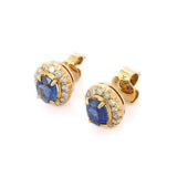 2ct Stud Earrings Oval Cut Blue Sapphire Halo Design 14k Yellow Gold Finish