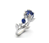 1.5ct Round Cut Blue Sapphire Engagement Ring Leaf Solitaire 14k White Gold Over