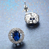 2.1ct Oval Cut Blue Sapphire Halo Solitaire Stud Earrings 14k White Gold Finish