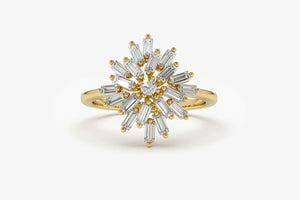 3ct Engagement Ring Baguette Cut Diamond Floral Sunburst 14k Yellow Gold Finish