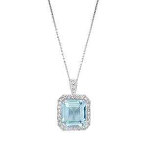 3Ct Asscher Cut Blue Aquamarine Diamond Halo Pendant 14K WhiteGold Over NO CHAIN