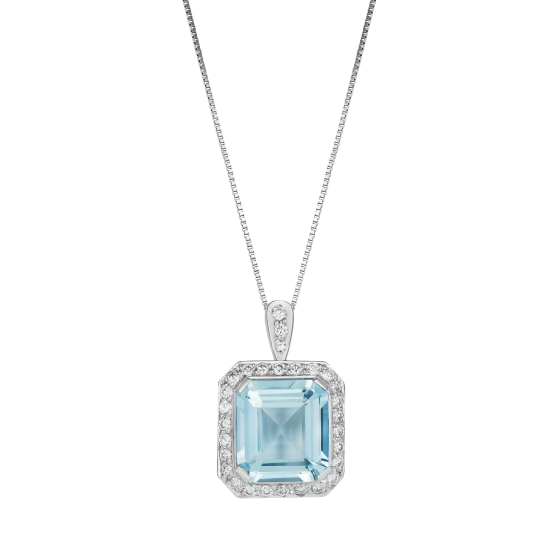 3Ct Asscher Cut Blue Aquamarine Diamond Halo Pendant 14K WhiteGold Over NO CHAIN