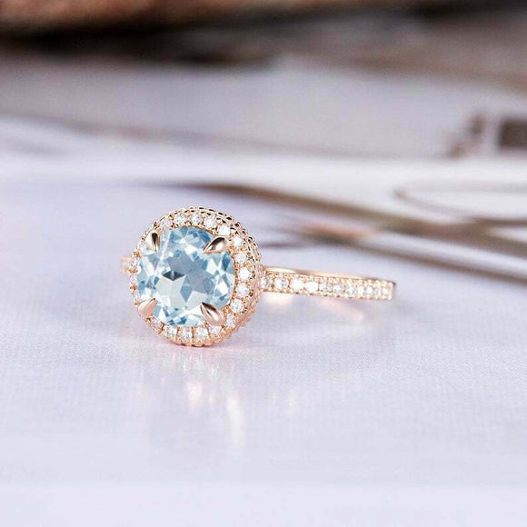 1.2ct Round Cut Blue Aquamarine Engagement Ring Diamond Halo 14k Rose Gold Over