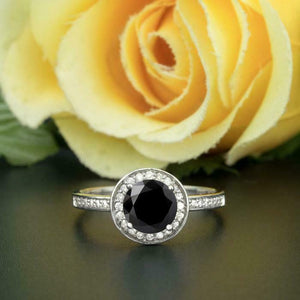 1.2ct Round Cut Black Diamond Engagement Ring 14k White Gold Finish Halo Wedding