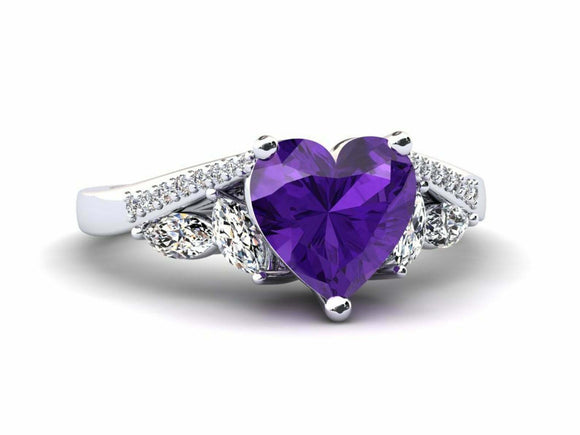 2ct Heart Amethyst Engagement Ring Art Deco Diamond Accent 14k White Gold Finish