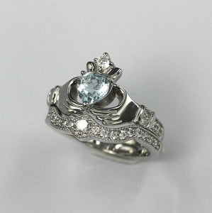 2ct Heart Blue Aquamarine Engagement Ring Claddagh Bridal Set 14k WhiteGold Over