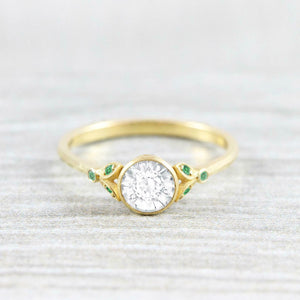 Leaf Accents Design Engagement Ring 1ct Round Cut Diamond 14k Yellow Gold Finish