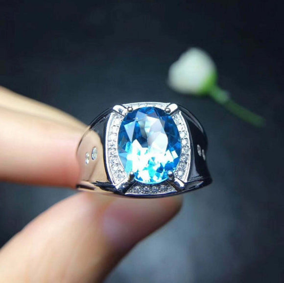 3.5ct Oval Cut Blue Topaz Halo Signet Engagement Men Ring 14k White Gold Finish