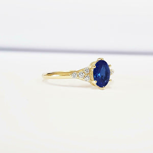 0.5ct Oval Cut Blue Sapphire Round Diamond Accents Ring 14k Yellow Gold Finish