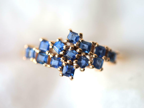 3ct Princess Cut Blue Sapphire Cluster Minimalist Ring 14k Yellow Gold Finish