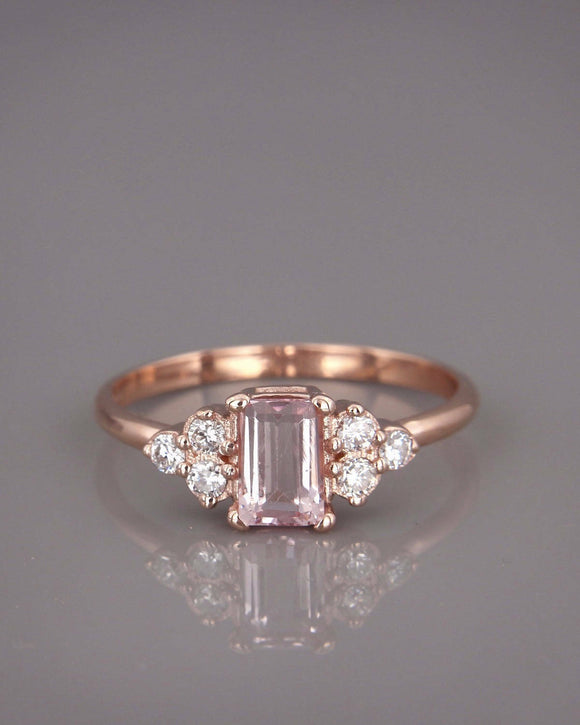 2Ct Emerald Cut Morganite Engagement Ring 14K Rose Gold Finish Diamond Accents