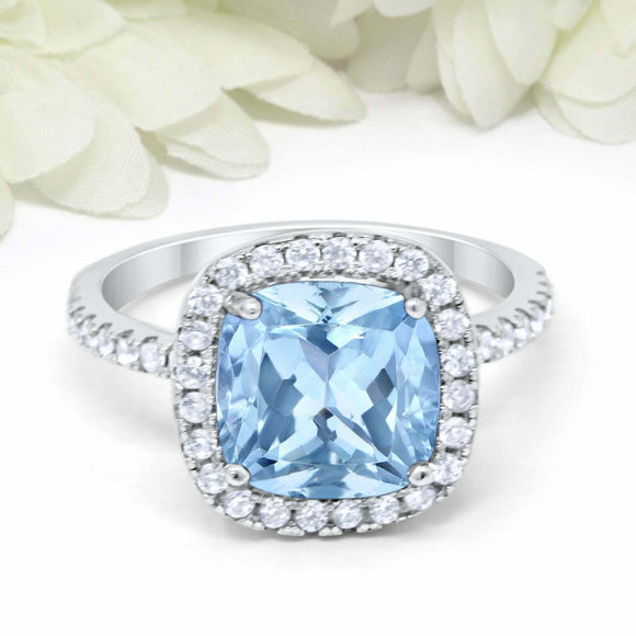 2.75ct Cushion Cut Blue Aquamarine Diamond Accent Halo Ring 14k WhiteGold Finish