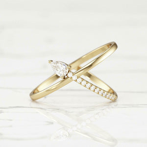 Stylish Open Cross Engagement Ring 1.2ct Pear Cut Diamond 14k Yellow Gold Finish