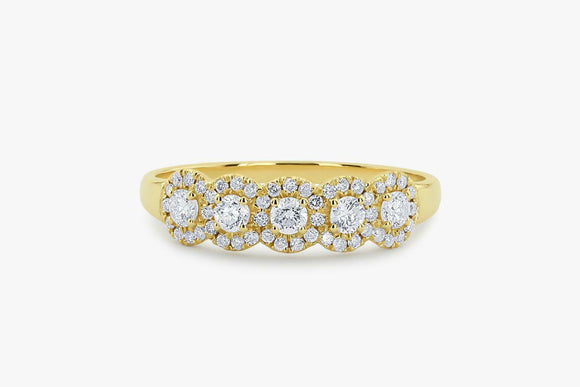 Five Stone Halo Wedding Band 2ct Round Cut VVS1D Diamond 14k Yellow Gold Finish