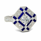 3Ct Round Cut Diamond Blue Sapphire Engagement Art Deco Ring 14K White Gold Over