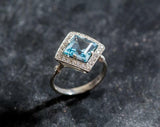 2ct Engagement Ring Asscher Cut Blue Aquamarine Diamond Halo 14k White Gold Over