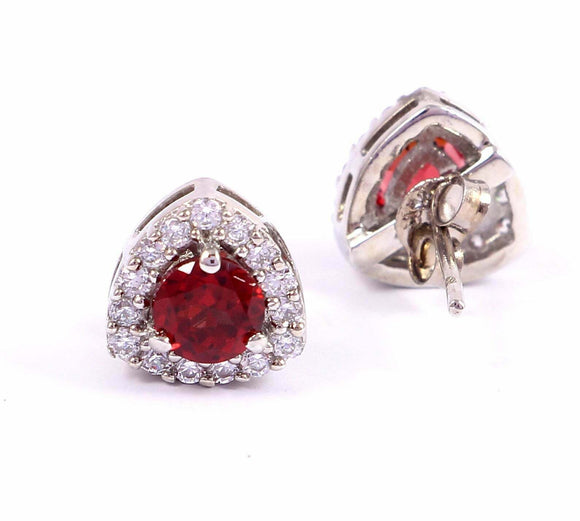 2.2ct Stud Earrings Round Cut Red Garnet Diamond Halo Women 14k WhiteGold Finish