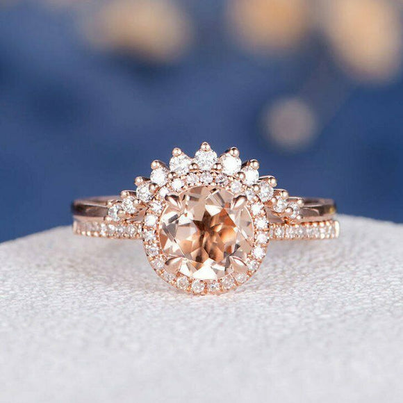 2ct Round Peach Morganite Engagement Ring 14k Rose Gold Finish Curved Bridal Set