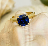 1.6ct Engagement Ring Cushion Cut Blue Sapphire Solitaire 14k Yellow Gold Finish