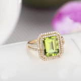 2ct Emerald Cut Green Peridot Double Halo Engagement Ring 14k Rose Gold Finish