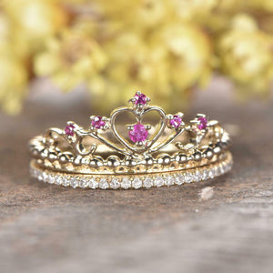 1ct Round Cut Pink Sapphire Engagement Ring Crown Bridal Set 14k YellowGold Over