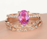 3ct Oval Cut Pink Sapphire Trio Set Wedding Engagement Ring 18k Rose Gold Finish