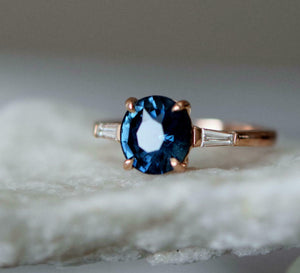 1ct Engagement Ring Round Cut Blue Sapphire Three Stone 14k Rose Gold Finish