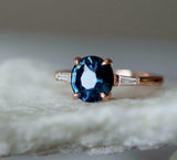 1ct Engagement Ring Round Cut Blue Sapphire Three Stone 14k Rose Gold Finish