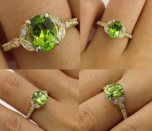 2Ct Oval Cut Green Peridot Diamond Vintage Engagement Ring 14K Yellow Gold Over