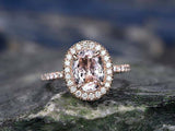 3ct Oval Cut Peach Morganite Engagement Ring 14k Rose Gold Finish Halo Solitaire