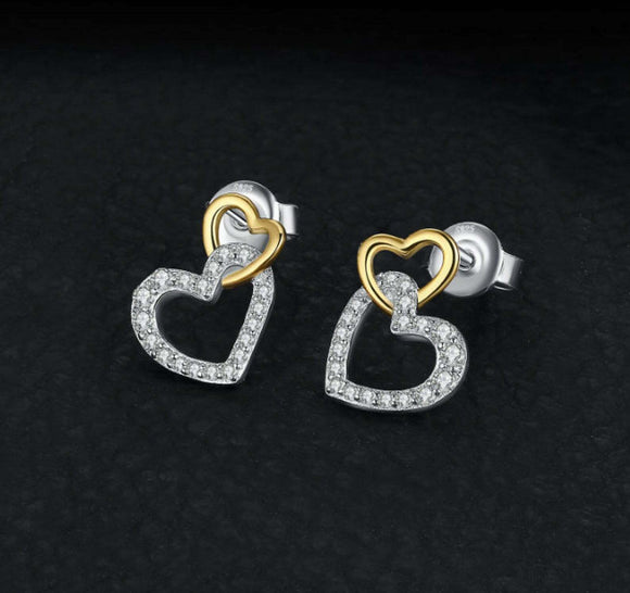 1ct Drop Earrings Round Cut Diamond Dual Heart 14k White Gold Finish