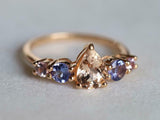 1.5ct Engagement Ring Pear Cut Peach Morganite Five Stone 14k Rose Gold Finish