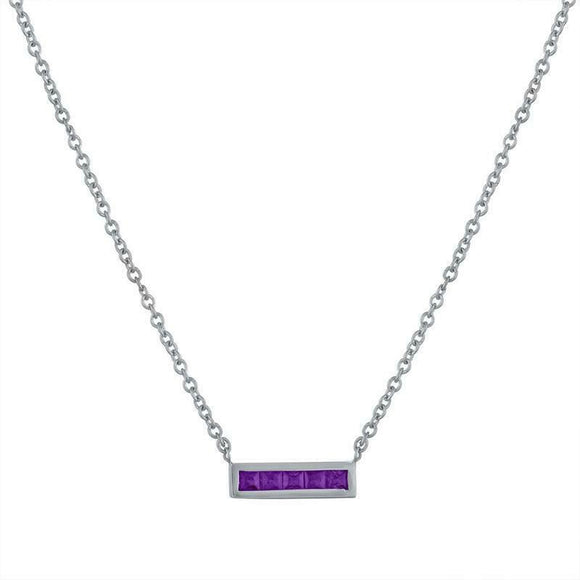 1ct Princess Cut Amethyst Horizontal Short Bar Pendant Chain 14k White Gold Over