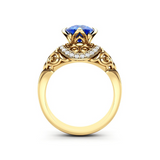 1.4ct Round Blue Sapphire Engagement Ring 14k Yellow Gold Over Art Deco Vintage