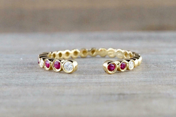 0.5ct Round Cut Pink Ruby Wedding Band 14k Yellow Gold Over Open Bezel Stackable