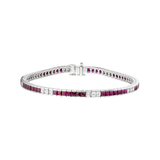 12Ct Asscher Cut Pink Ruby Diamond Unique Tennis Bracelet 18K White Gold Finish